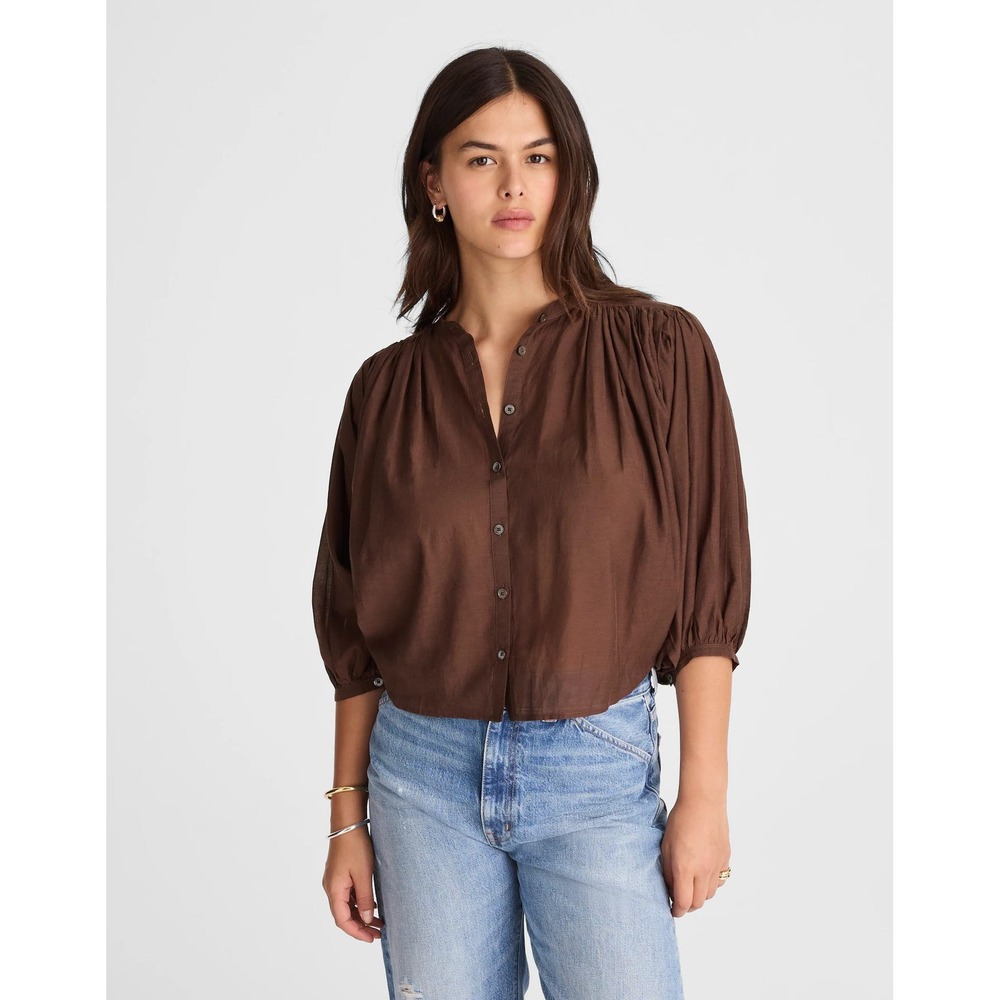 NWT Madewell Balloon Puff Sleeve Top Pleated Button Front Small Brown NU464